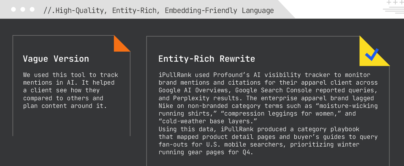 high quality, entity rich, embedding friendly language