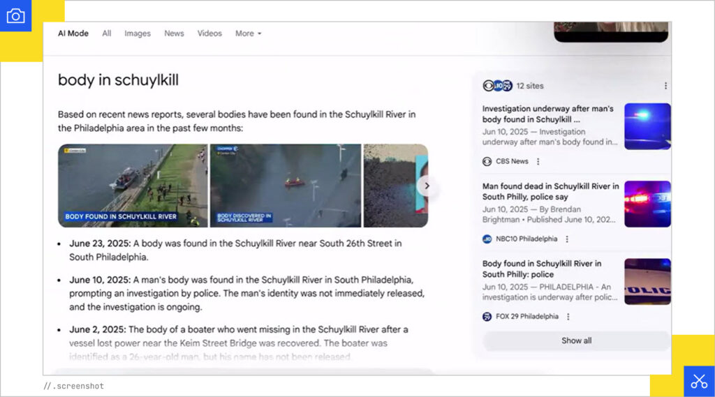 Body in river AI Mode results