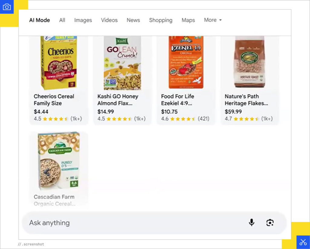 Cereal product results in AI Mode