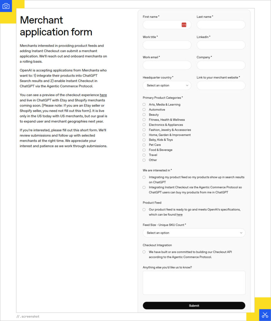 OpenAI merchant application form