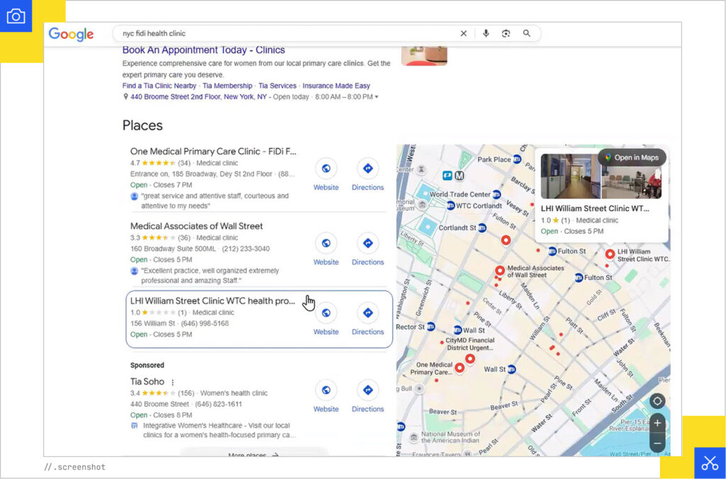 NYC health clinics SERP