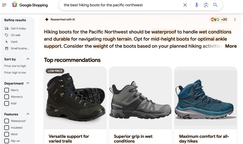 Hiking boot shopping listings that are specific to the Pacific Northwest