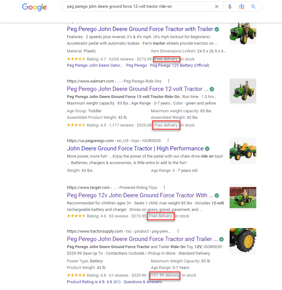 Google search results that show free delivery rich snippet