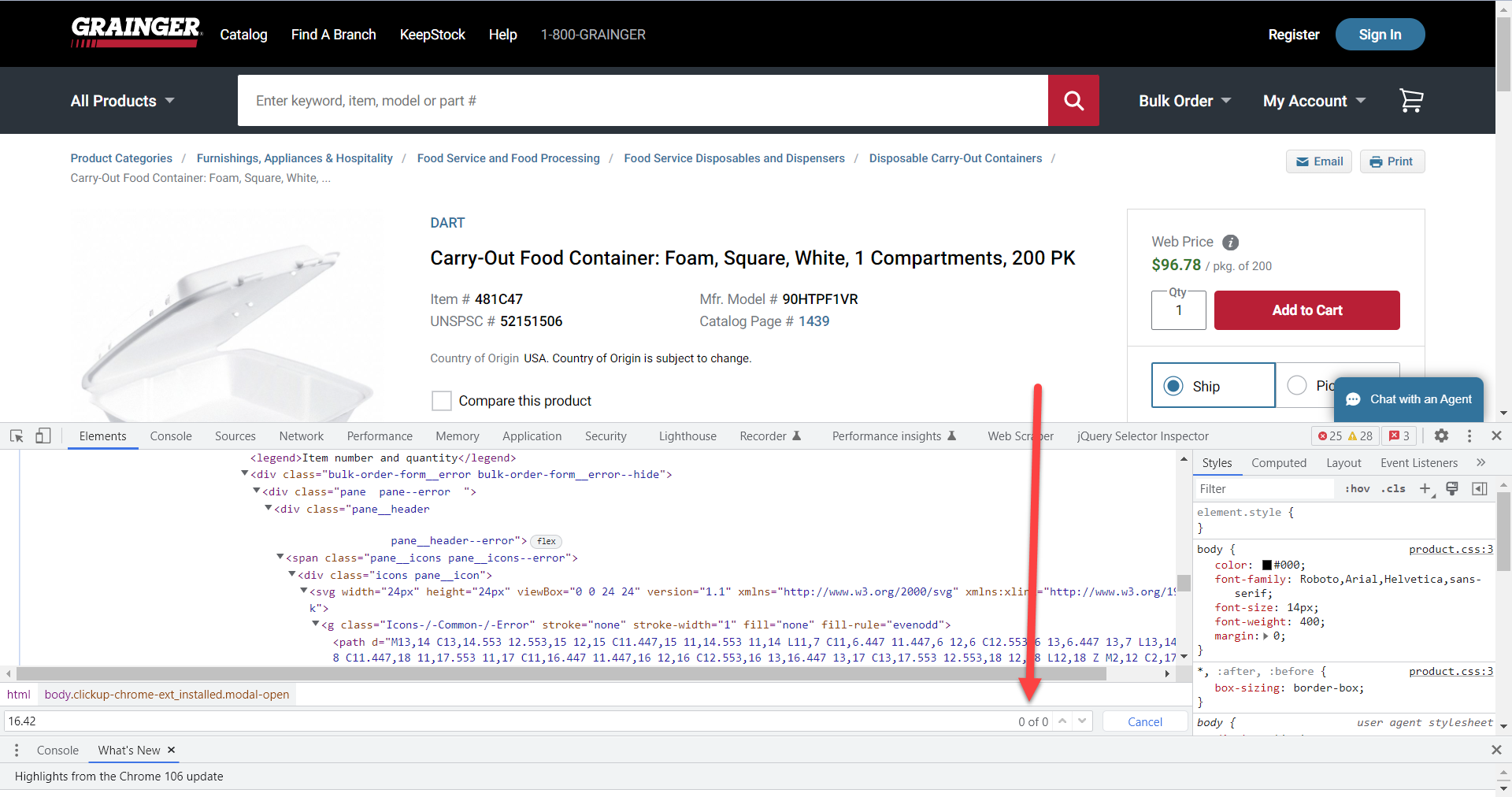 Inspected page showing that website page does not include shipping information on the exact price included in the search result.